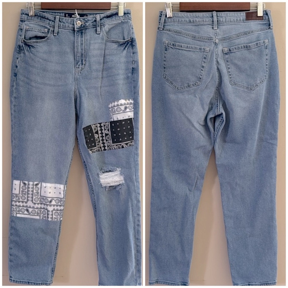 Hollister Vintage Stretch Ultra HIgh-Rise Mom Jeans Bandana Patchwork Size 29